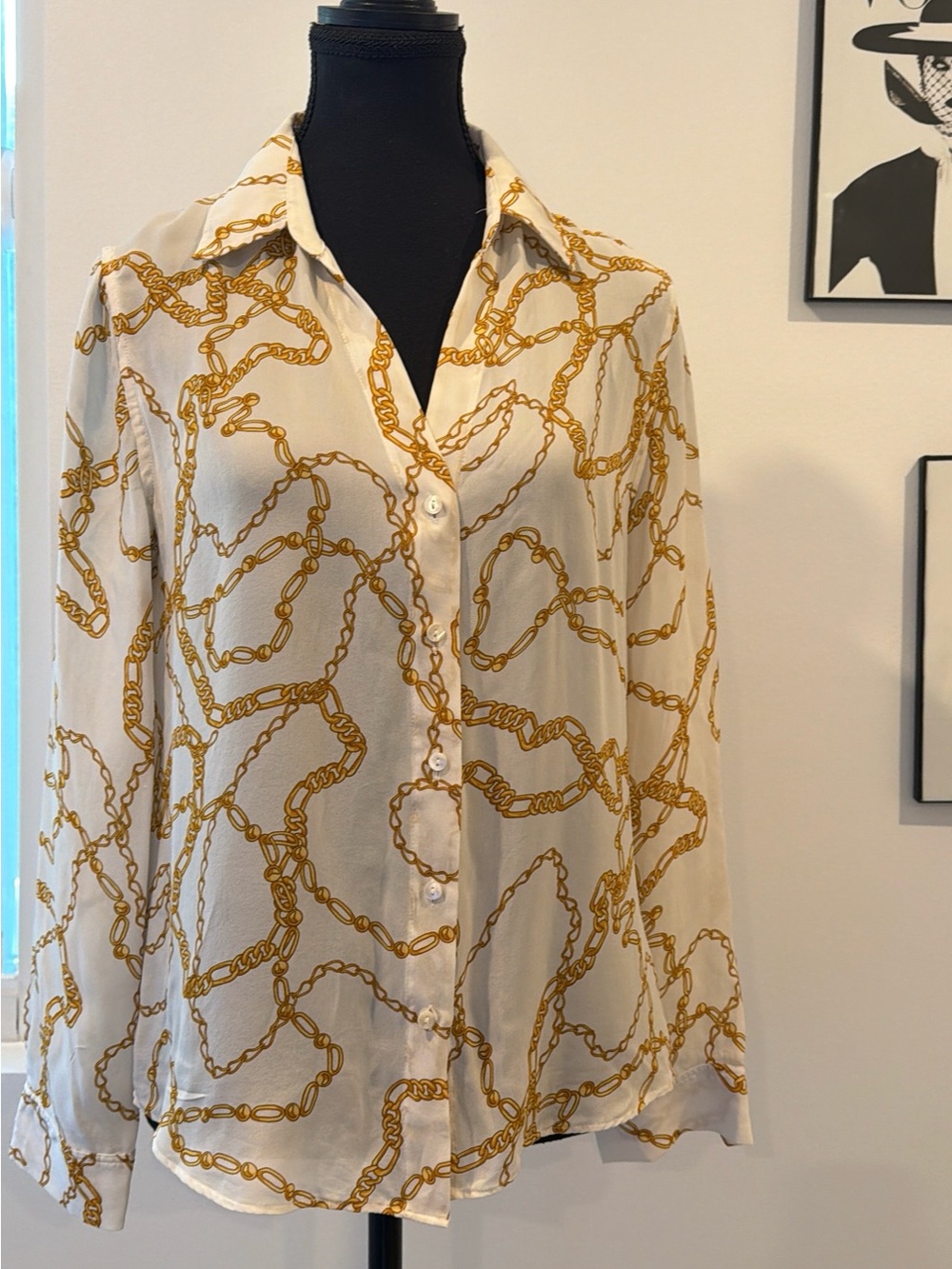 Elie Tahari 100% Silk Gold Chain Print Button Down Blouse Size M